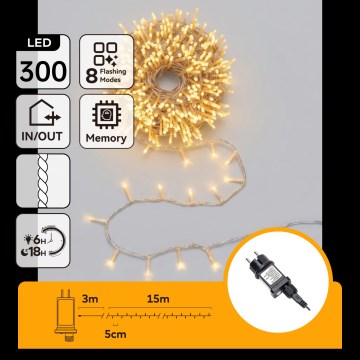 Aigostar - Cordão de luzes de Natal LED para exterior 300 LEDs / 8 funções 18 m IP44 branco quente