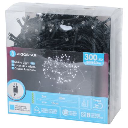 Aigostar - Guirlanda de Natal LED para exterior 300 LEDs/8 funções 30 m IP44 branco frio