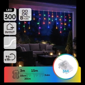 Aigostar - Cordão de luzes de Natal LED para exterior 300xLED/8 funções 3x pilhas AA 18x0,6 m IP44 multicoloridas