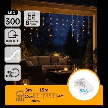 Aigostar - Cordão de luzes de Natal LED para exterior 300xLED/8 funções 3xAA 18x0,6 m IP44 branco quente