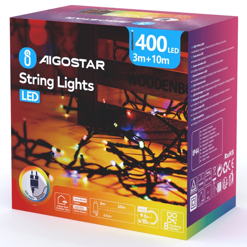 Aigostar - Cordão de luzes de Natal LED para exterior, 400 LEDs / 8 funções, 13 m, IP44, multicolorido
