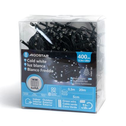 Aigostar - Luzes de Natal LED para exterior 400 LEDs / 8 funções, 4xAA, 20,3 m, IP44, branco frio