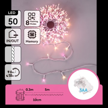 Aigostar - Cordão de luzes de Natal LED para exterior 50 LEDs/8 funções 3xAA 5,3m IP44 rosa/branco quente