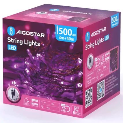 Aigostar - Guirlanda de Natal LED para exterior 500xLED/8 funções 53m IP44 rosa