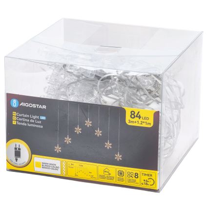 Aigostar - Guirlanda luminosa de Natal LED para exterior, 84 LEDs / 8 funções, 1,2 x 1 m, IP44, branco quente, com flocos de neve