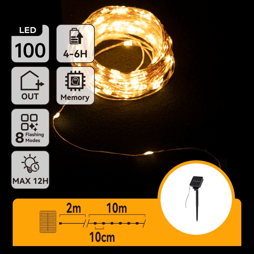 Aigostar - Cordão LED solar de Natal 100xLED/8 funções 12m 800 mAh IP65 branco quente