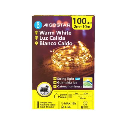Aigostar - Cordão LED solar de Natal 100xLED/8 funções 12m 800 mAh IP65 branco quente
