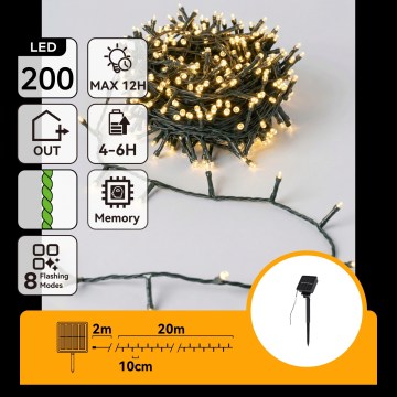 Aigostar - Cordão de Luzes de Natal Solar LED, 200 LEDs, 8 funções, 22 m, IP65, Branco Quente, 800 mAh