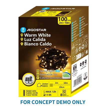Aigostar - Cordão de Luzes de Natal Solar LED, 200 LEDs, 8 funções, 22 m, IP65, Branco Quente, 800 mAh