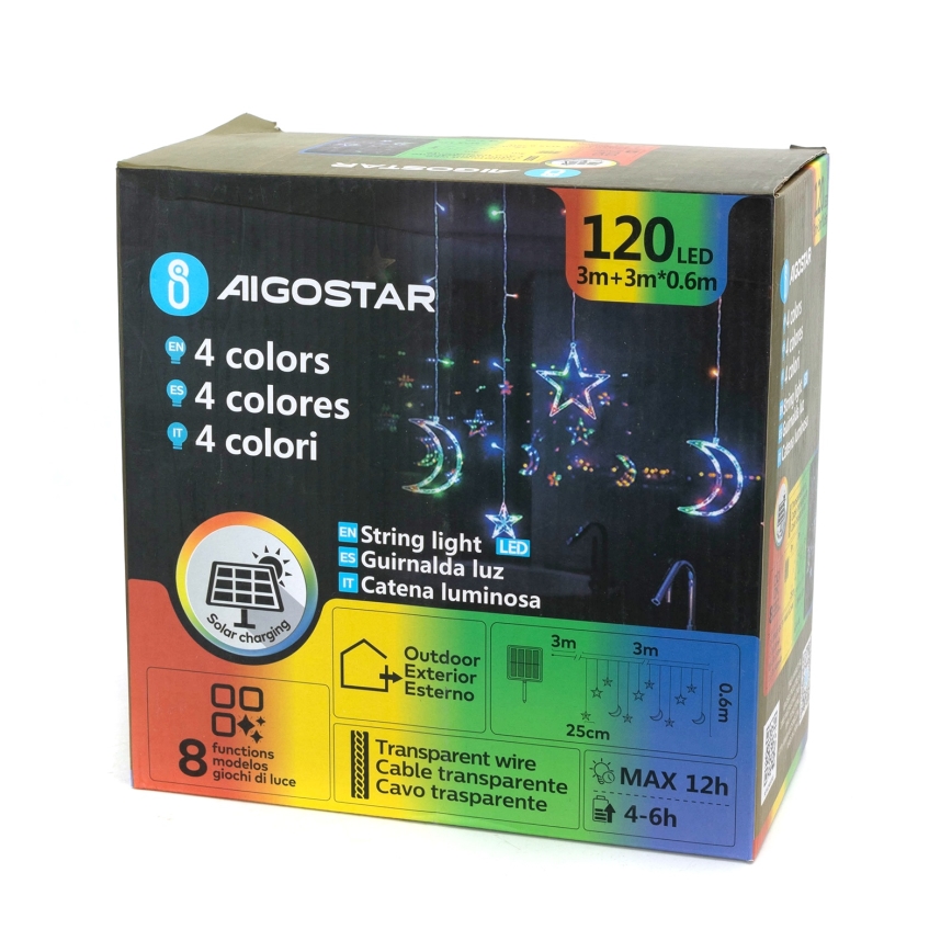 Aigostar - Guirlanda de Natal LED solar 120 LEDs/8 funções 3 x 0,6 m 500 mAh IP65 multicolorido