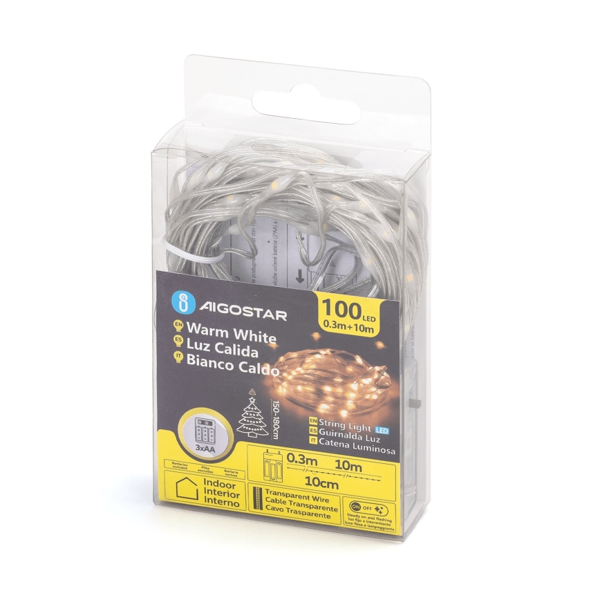 Aigostar - Cordão de luzes LED 100 LEDs/3xAA 10,3 m branco quente