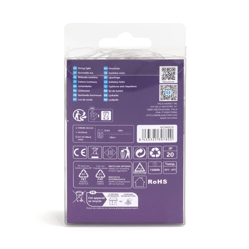 Aigostar - Cordão de luzes LED 100 LEDs/3xAA 10,3 m branco quente