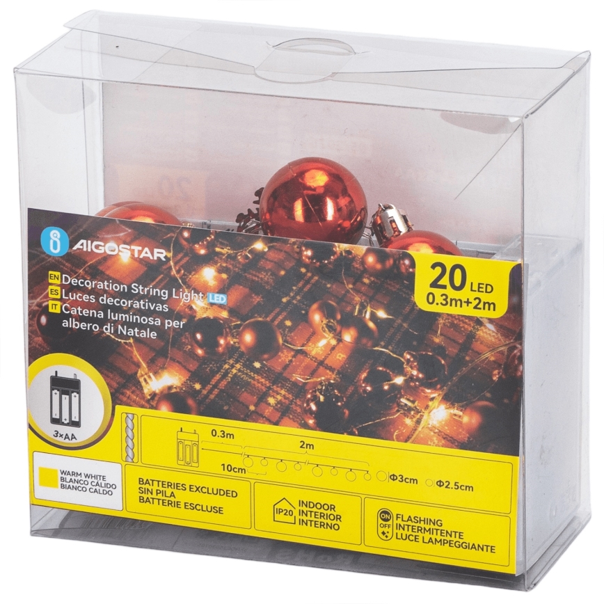 Aigostar - Cordão de luzes LED, 20 LEDs, 3x AA, 2 m, branco quente