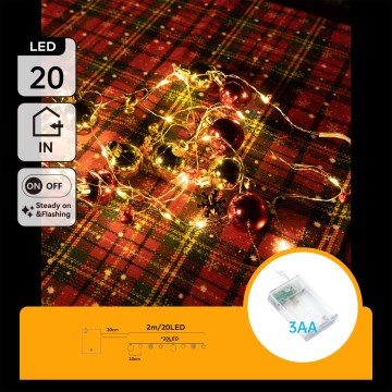 Aigostar - Cordão de luzes LED 20xLED/3xAA 2 m branco quente