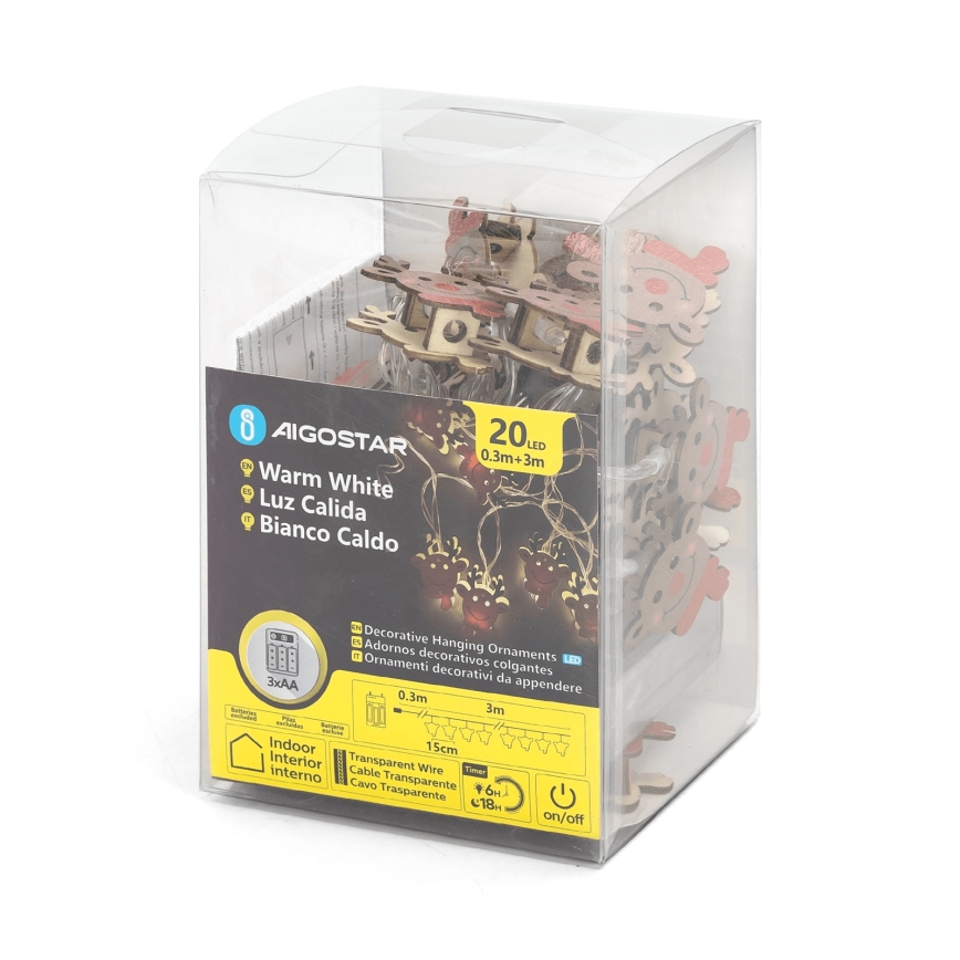 Aigostar - cordão de luzes LED 20xLED/3xAA 3m branco quente rena