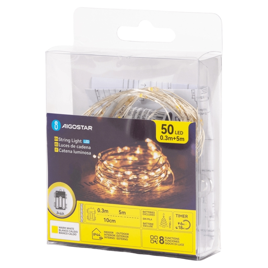 Aigostar - Guirlanda LED para exterior 50xLED/3xAA 5,3 m branco quente