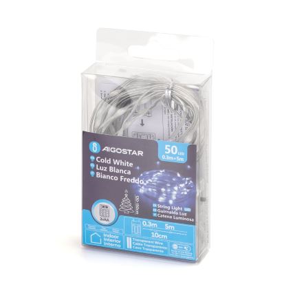 Aigostar - Cordão de luzes LED 50xLED/3xAA 5,3m branco frio