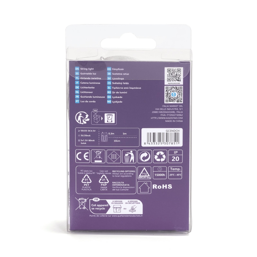 Aigostar - Cordão de luzes LED 50xLED/3xAA 5,3m branco frio