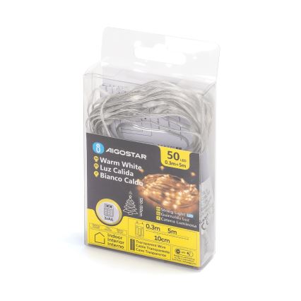 Aigostar - Cordão de luzes LED 50xLED/3xAA 5,3m branco quente