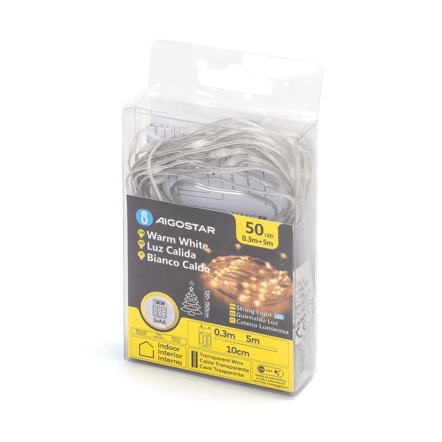 Aigostar - Cordão de luzes LED 50xLED/3xAA 5,3m branco quente