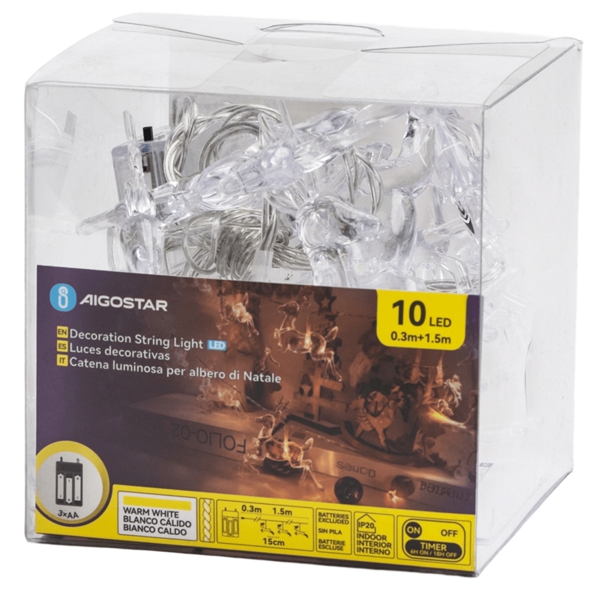 Aigostar - Cordão de Luzes LED de Natal, 10 LEDs, 3xAA, 1,5 m, branco quente, com veados
