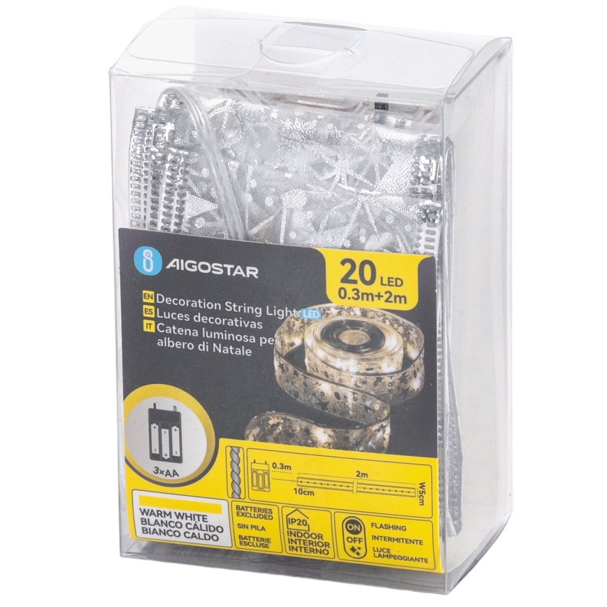 Aigostar - Cordão de luzes de Natal LED 20xLED/3xAA 2 m, branco quente, prateado