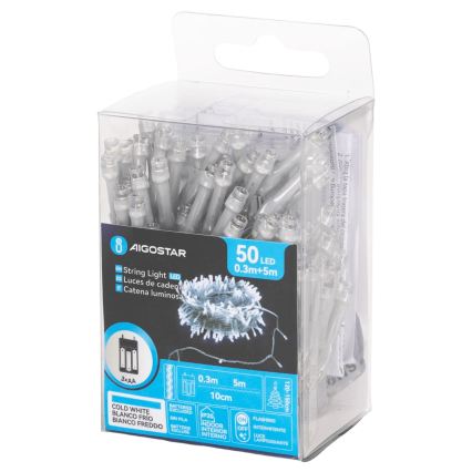 Aigostar - Cordão de luzes LED de Natal 50xLED/3xAA 5,3m branco frio