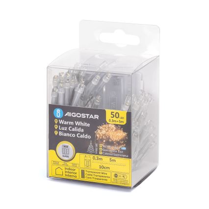 Aigostar - Cordão de luzes LED de Natal 50xLED/3xAA 5,3m branco quente
