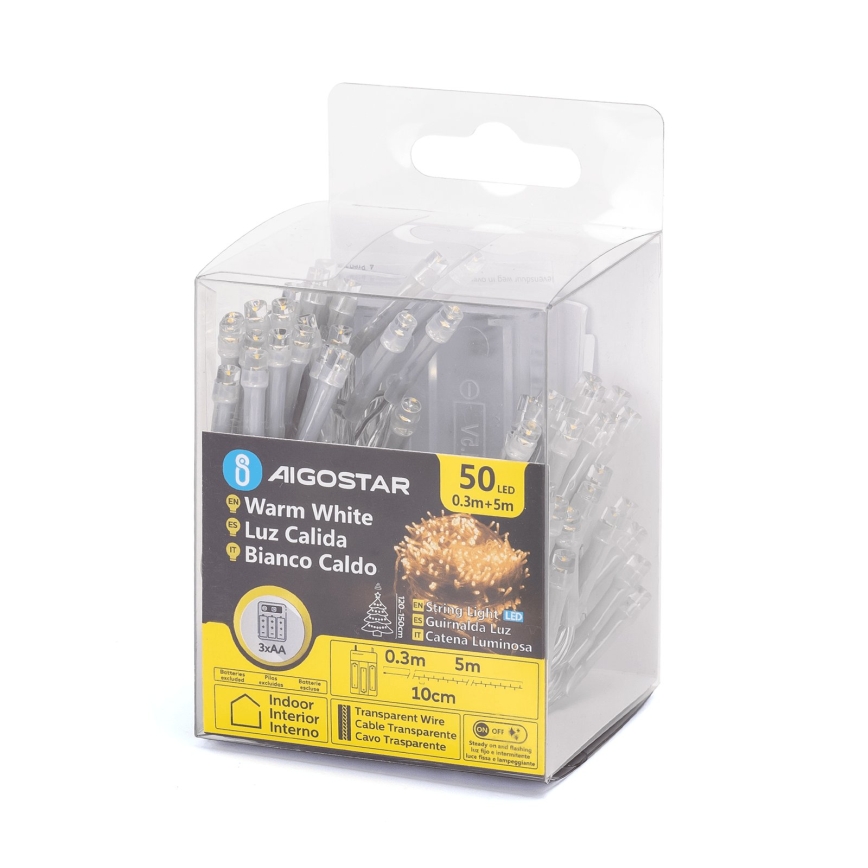 Aigostar - Cordão de luzes LED de Natal 50xLED/3xAA 5,3m branco quente