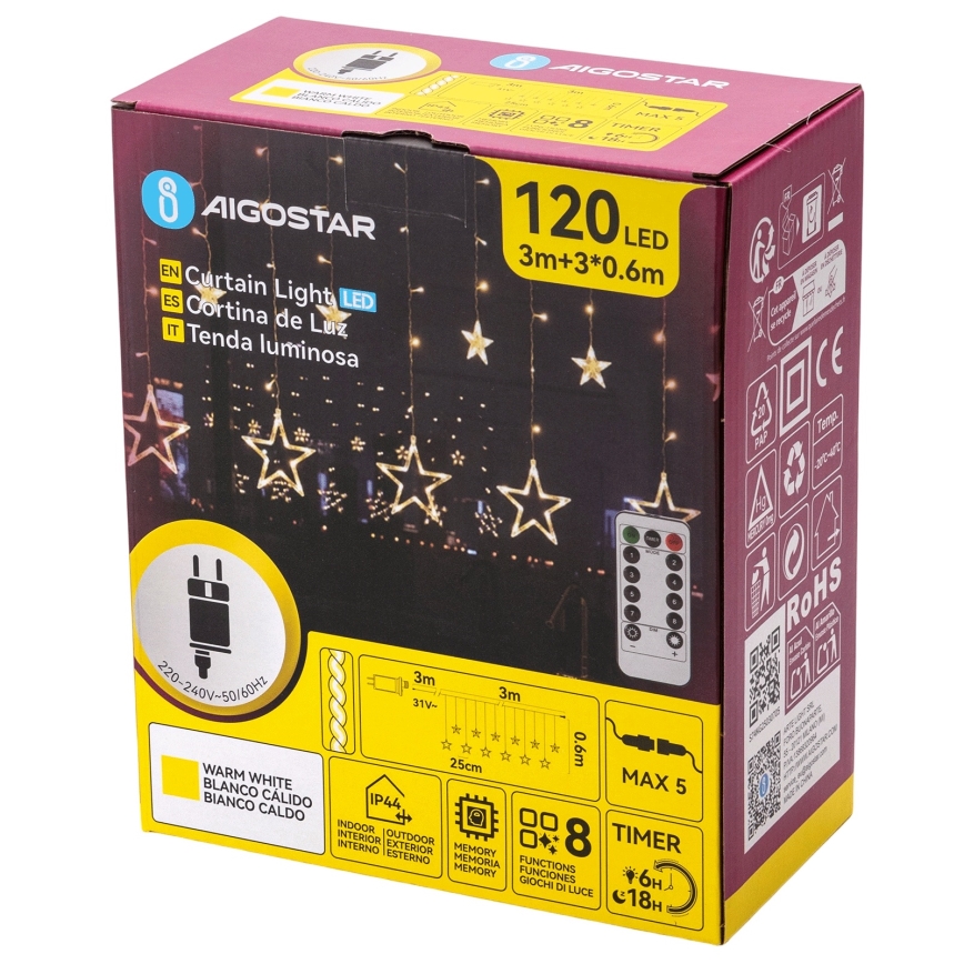 Aigostar - Cordão LED para exterior 120xLED/8 funções 3x0,6 m IP44 branco quente + controlo remoto