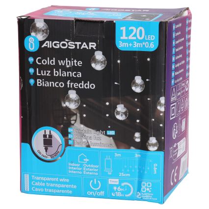 Aigostar - Guirlanda luminosa de Natal LED para exterior 120 LEDs/8 funções 3x0,6m IP44 branco frio + controlo remoto