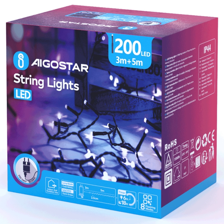 Aigostar - Cordão de luzes LED de Natal para exterior, 200 LEDs, 8 funções, 8 m, IP44, branco frio