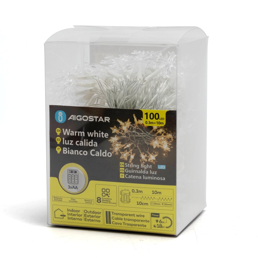 Aigostar - Guirlanda LED para exterior 25 LEDs / 8 funções, 3x pilhas AA, 2,5 m, IP44, branco quente, estrelas