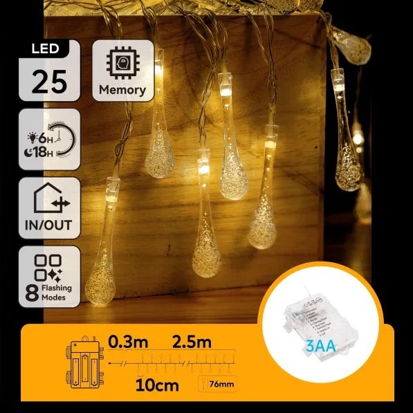 Aigostar - Cordão de luzes LED de Natal para exterior 25xLED/8 funções 3xAA 2,5 m IP44 branco quente gotas