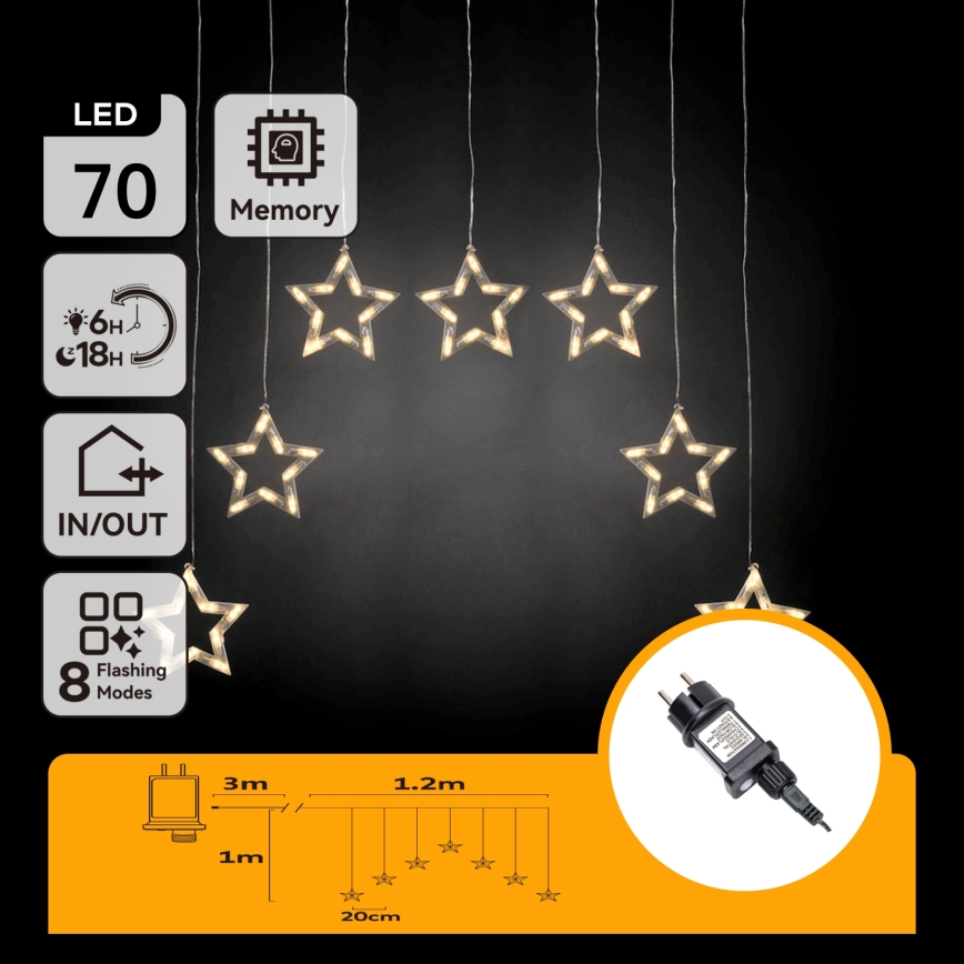 Aigostar - Cordão de luzes LED de Natal para exterior, 70 LEDs, 1,2 x 1 m, IP44, branco quente, estrelas