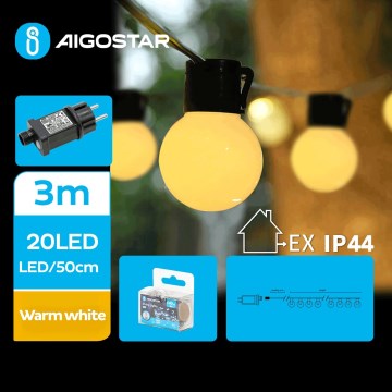 Aigostar - Cordão de luzes LED decorativo para exterior 20xLED/13m IP44 branco quente