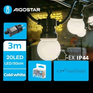 Aigostar - Cordão de luzes LED decorativo para exterior 20xLED/3m IP44 branco frio