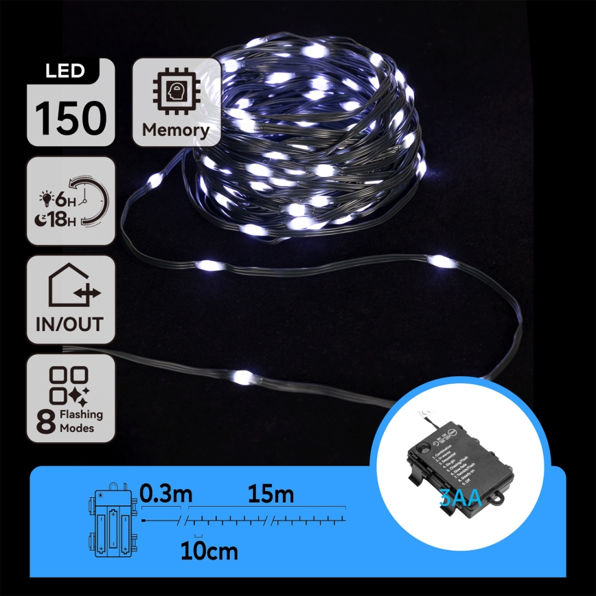 Aigostar - Cordão de luzes LED exterior para Natal 150xLED/8 funções/3xAA 15,3m IP44 branco frio