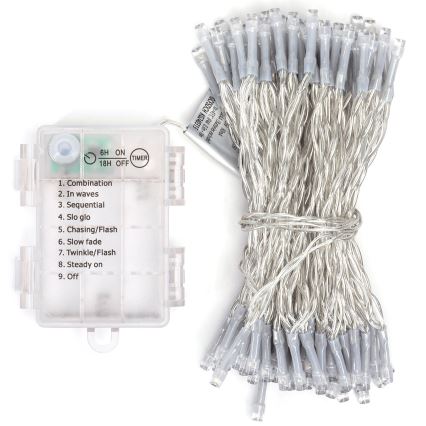 Aigostar - Guirlanda LED para exterior 100 LEDs/8 funções/3xAA 10,3m IP44 branco frio