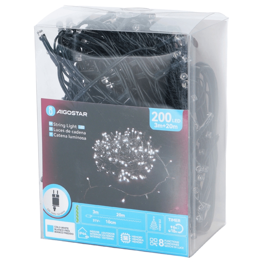Aigostar - Cordão de luzes LED para exterior, 200 LEDs, 8 funções, 20 m, IP44, branco frio