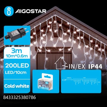 Aigostar - Cordão de luzes LED para exterior, 200 LEDs / 8 funções, 13 x 0,6 m, IP44, branco frio