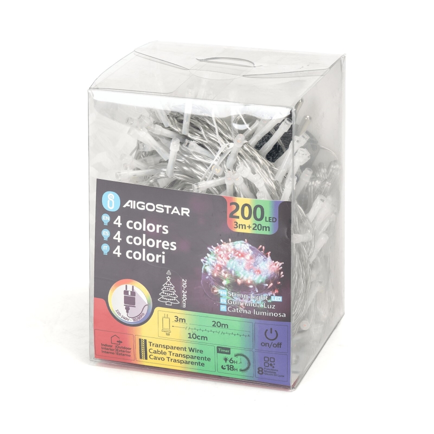 Aigostar - Cordão de luzes LED para exterior 200 LEDs/8 funções 23 m IP44 multicolor