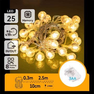 Aigostar - Cordão de luzes LED para exterior 25xLED/3xAA/8 funções 2,8 m IP44 branco quente