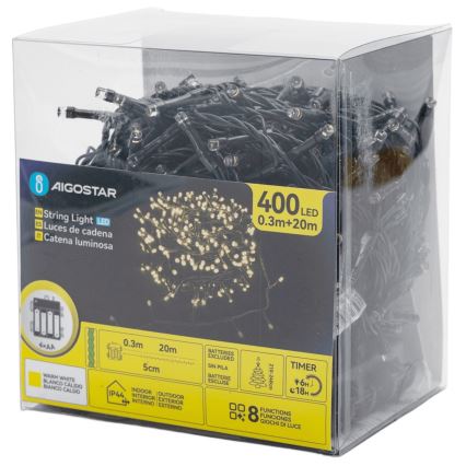 Aigostar - Cordão de Natal LED para exterior 400 LEDs/8 funções 4xAA 20,3 m IP44 branco quente