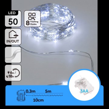 Aigostar - Cordão de luzes LED para exterior, 50 LEDs, 3x AA, 5,3 m, branco frio