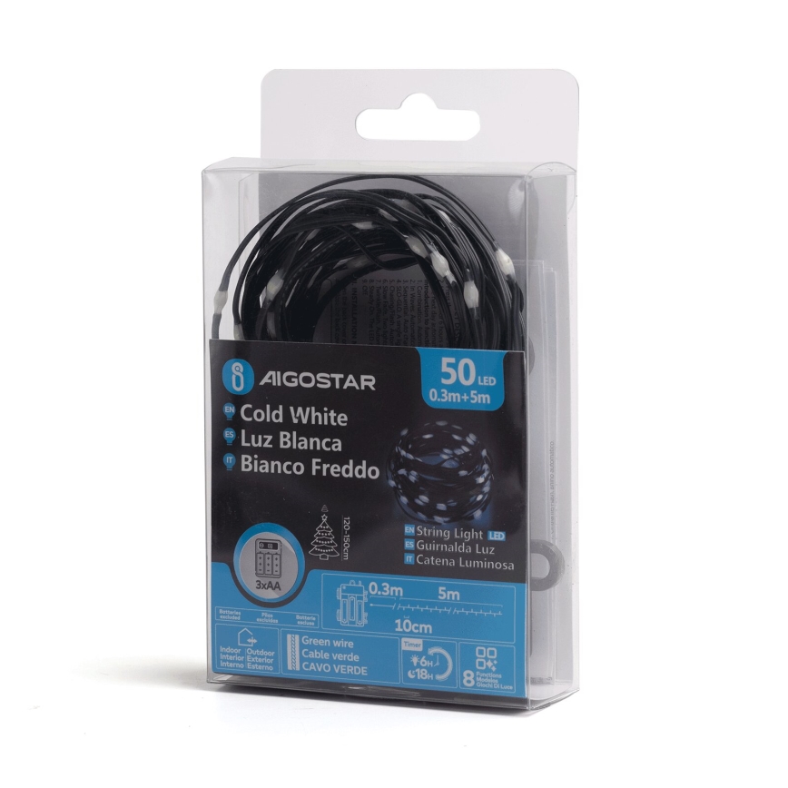 Aigostar - Cordão de luzes LED para exterior, 50 LEDs, 8 funções, 3x pilhas AA, 5,3 m, IP44, luz branca fria