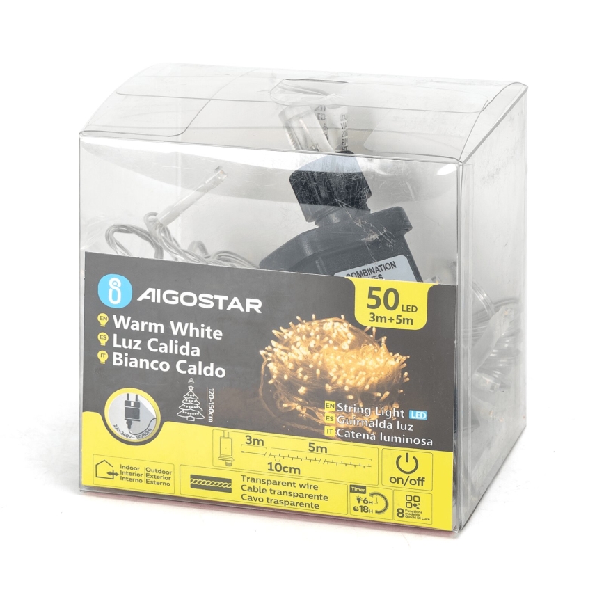 Aigostar - Cordão de luzes LED para exterior 50 LEDs/8 funções 8 m IP44 branco quente