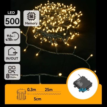Aigostar - Cordão de luzes LED para exterior 500 LEDs/8 funções 4xAA 25,3 m IP44 branco quente