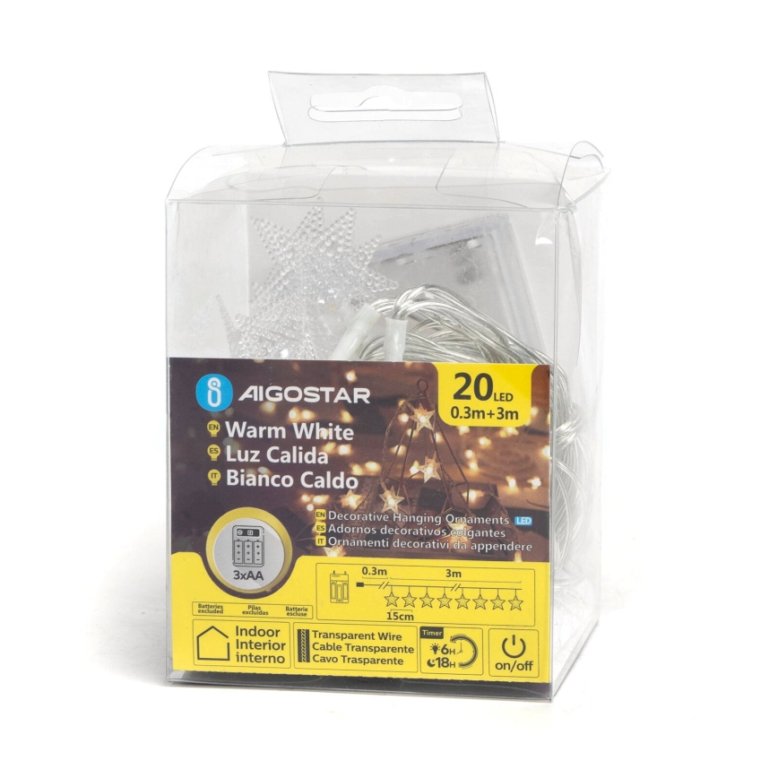 Aigostar - Cordão de luzes LED para Natal 20xLED/3xAA 3,3m estrelas
