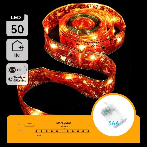 Aigostar - Cordão de Natal LED 50 LEDs/3xAA 5 m, branco quente, vermelho
